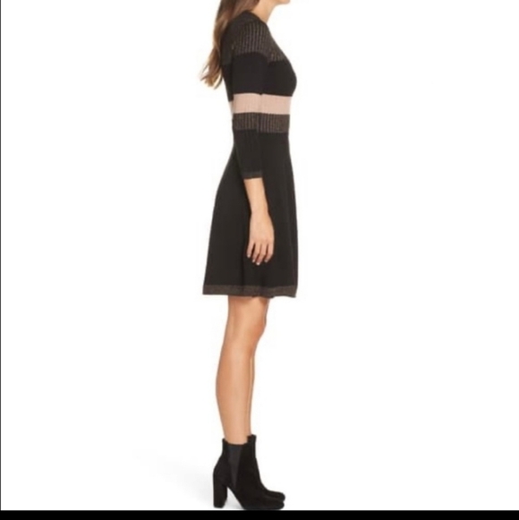 Eliza J Ribbed Fit & Flare Sweater Dress Pink shimmer black size.Large W… - Picture 5 of 10